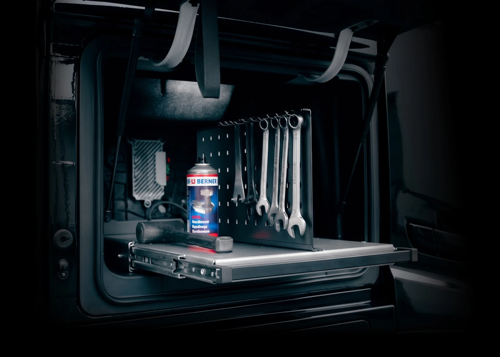 Traylux pull-out storage in a Volvo cab storage compartment
