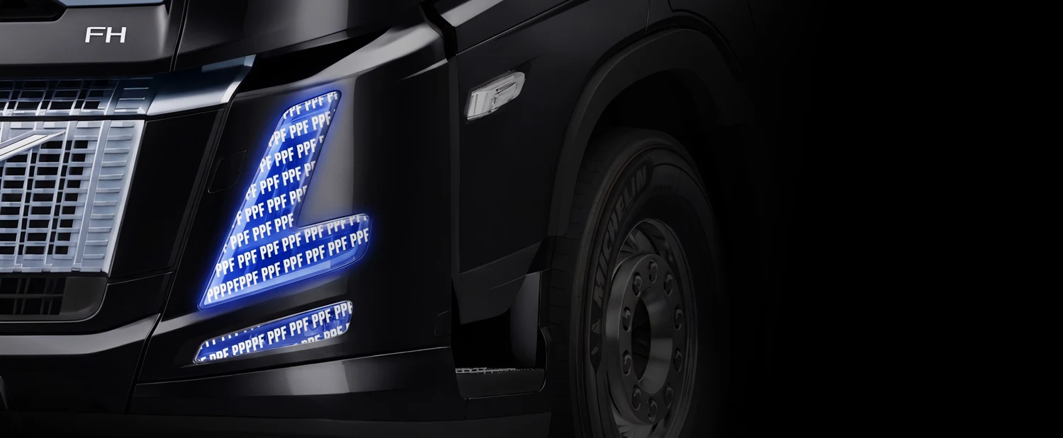 Catalogue illustration of the headlight areas protected by PPF on a Volvo FH Aero